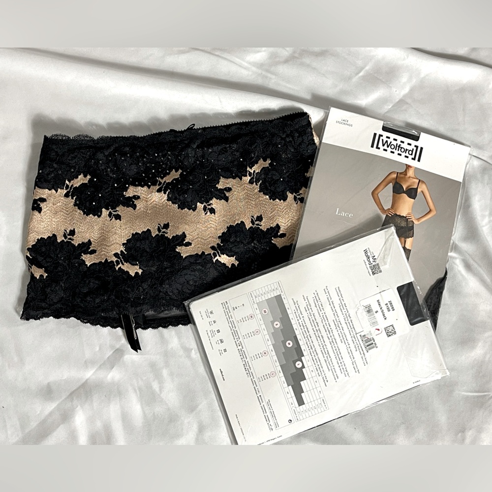 Wolford Thigh Highs (x2) and Victoria Secret embellished garter belt